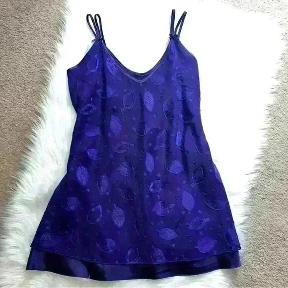 Vintage Dentelle Purple Leaf Print Slip Dress Small - Picture 1 of 6